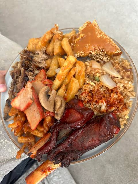 Char siu pork, mushrooms, salt and pepper chips and special fried rice
